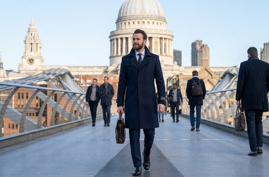 Professional man in London wearing a tailored coat from IconKart Shop’s fashion designer menswear collection.