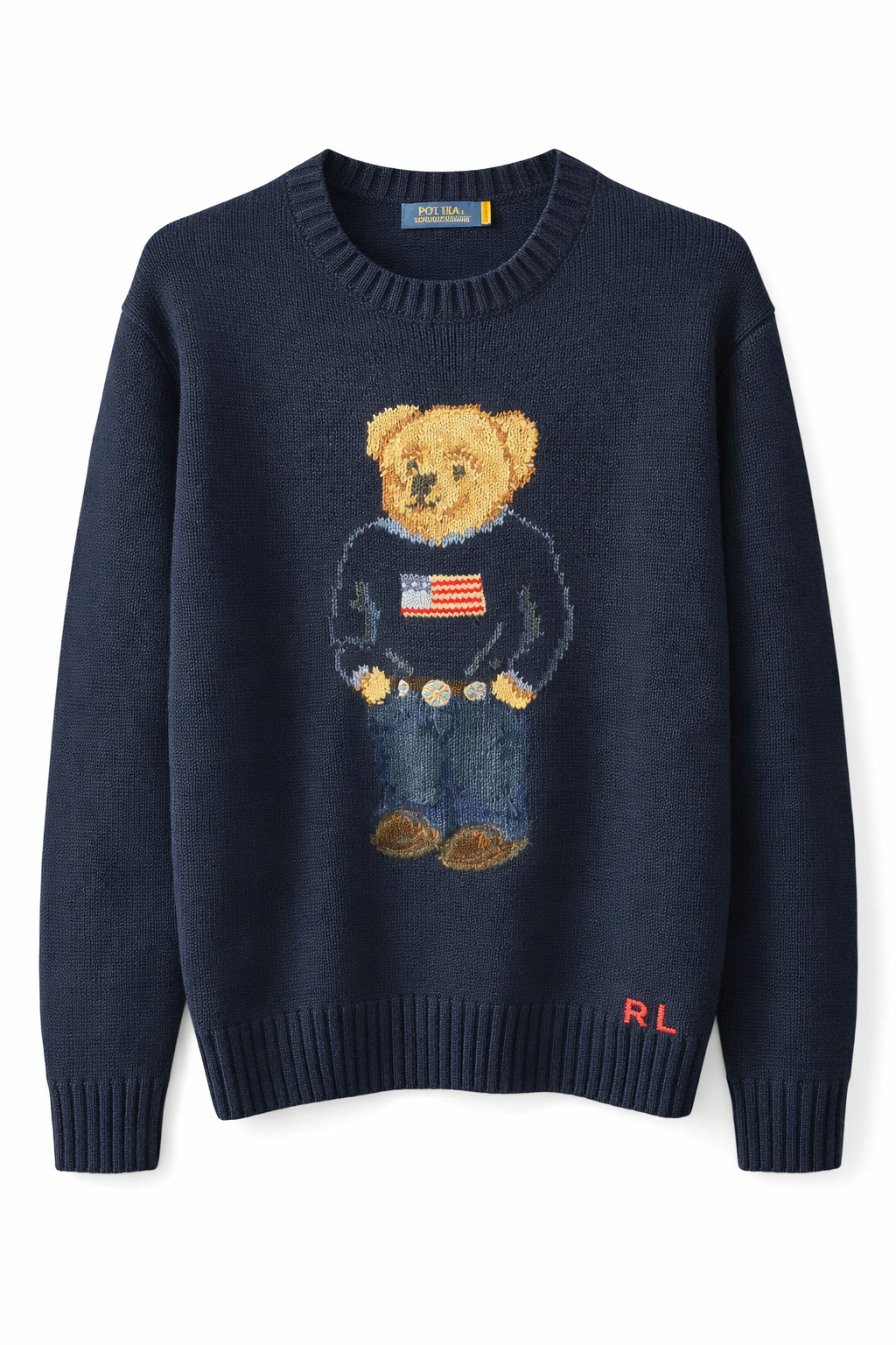 Navy blue sweater with embroidered bear in jeans and flag sweater, Icon Kart Shop fashion.