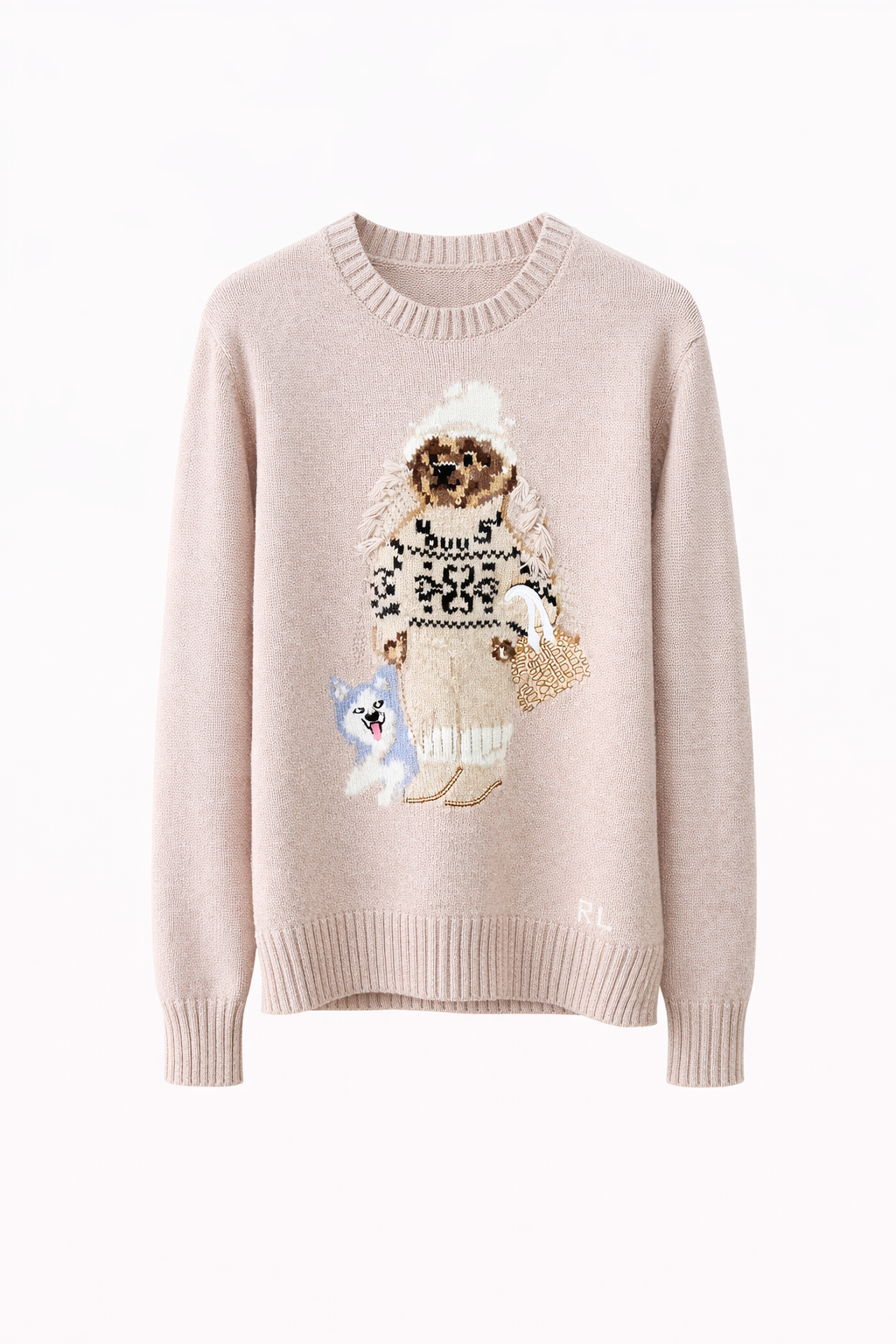 Pink women’s sweater with bear and dog graphic, chic knitwear at Icon Kart Shop