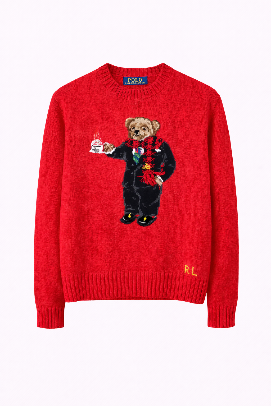 Red sweater with Polo Bear wearing suit and scarf, holding cake, from Icon Kart Shop men's fashion.