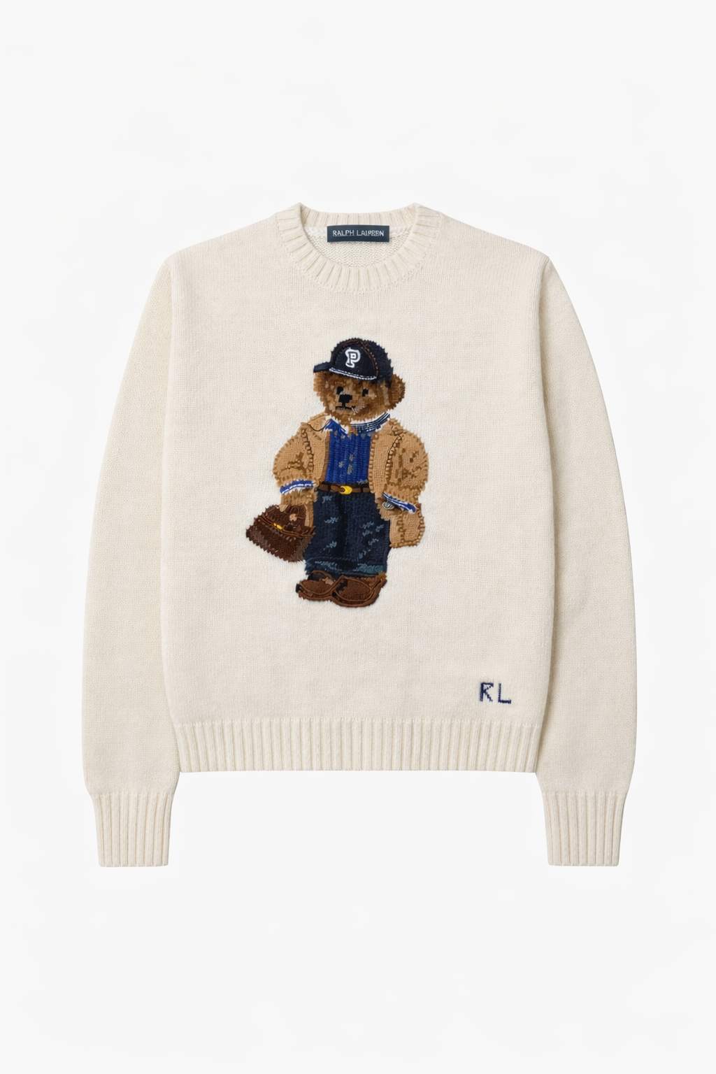 Cream sweater with embroidered bear motif, men’s fashion, Icon Kart Shop product.