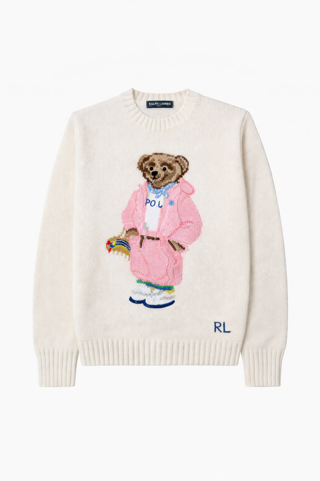 Cream knit sweater with embroidered bear in pink outfit, Polo Bear sweater for Icon Kart Shop