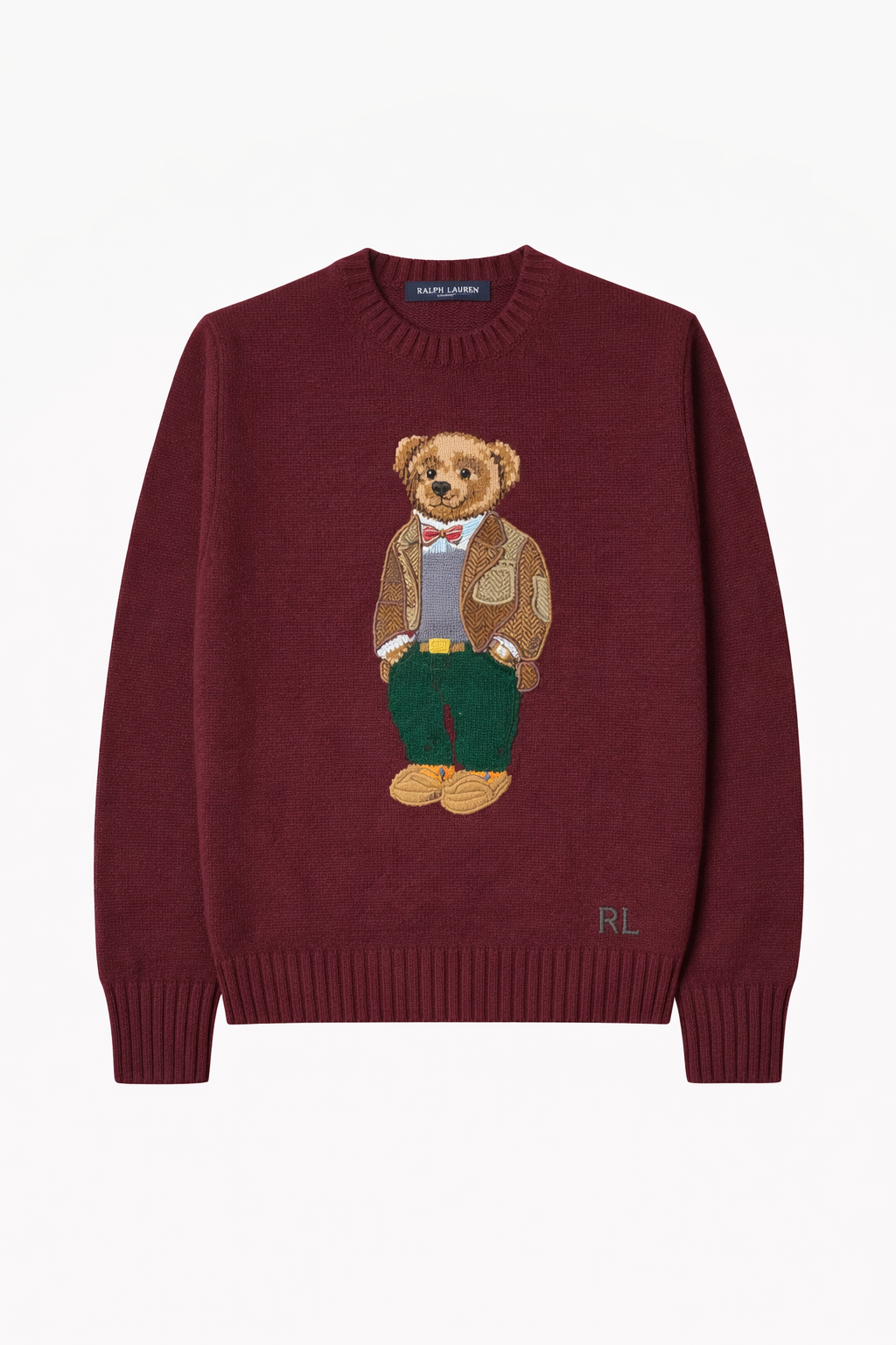 Burgundy crewneck sweater with embroidered bear wearing jacket, men's fashion Icon Kart Shop