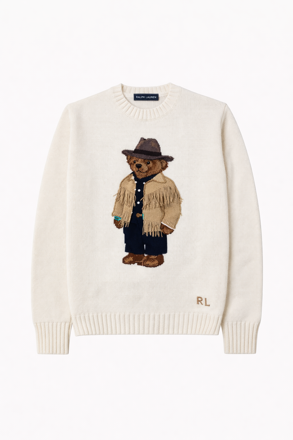 Cream knit sweater featuring embroidered bear in fringed jacket and hat, men's fashion at Icon Kart Shop