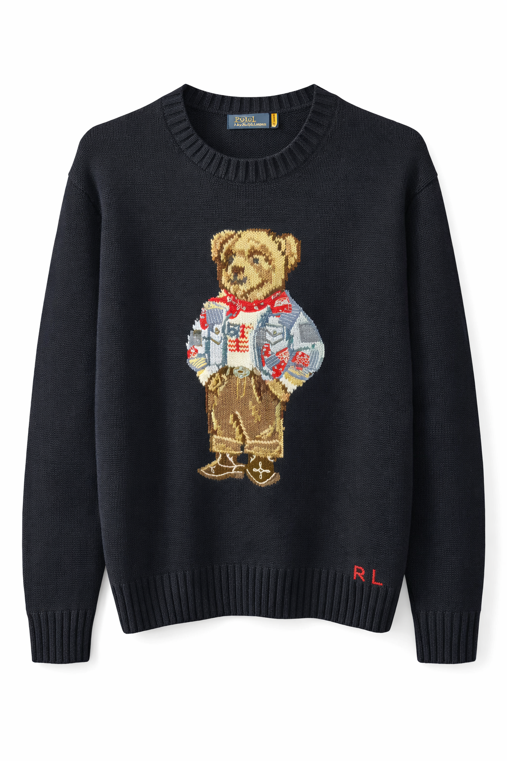 Navy sweater with embroidered bear wearing a jacket, ideal for men's fashion at Icon Kart Shop