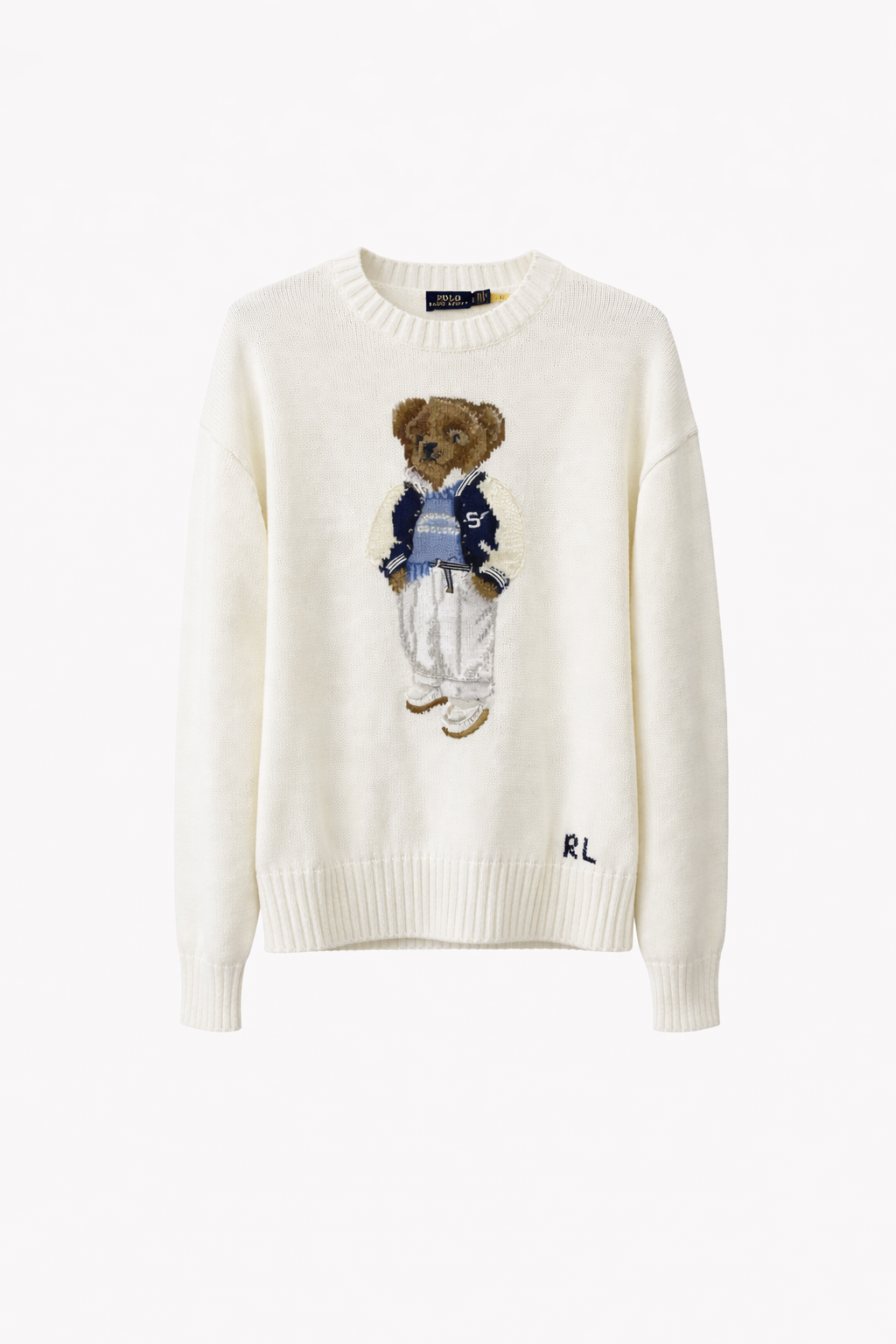 White men's sweater with embroidered bear cartoon, stylish casual Icon Kart Shop fashion
