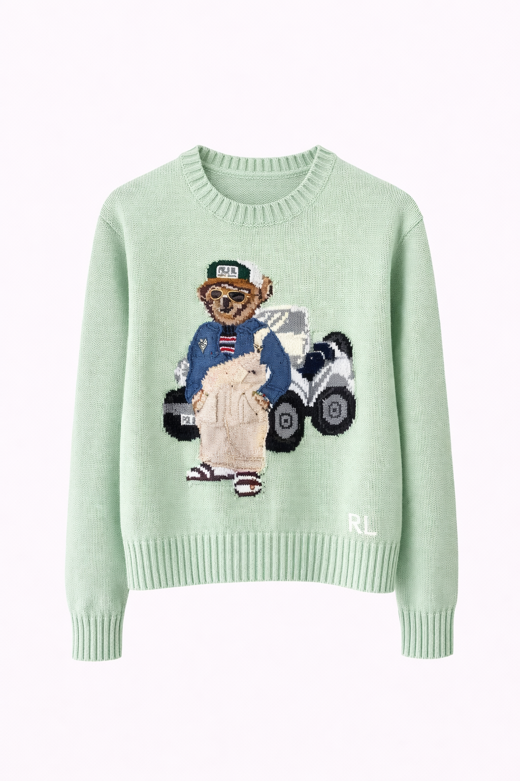 Light green sweater with embroidered bear and car design, stylish men's fashion at Icon Kart Shop