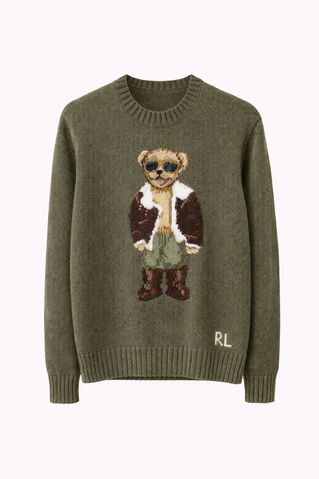 Olive green men's sweater with embroidered bear in aviator jacket, Icon Kart Shop fashion