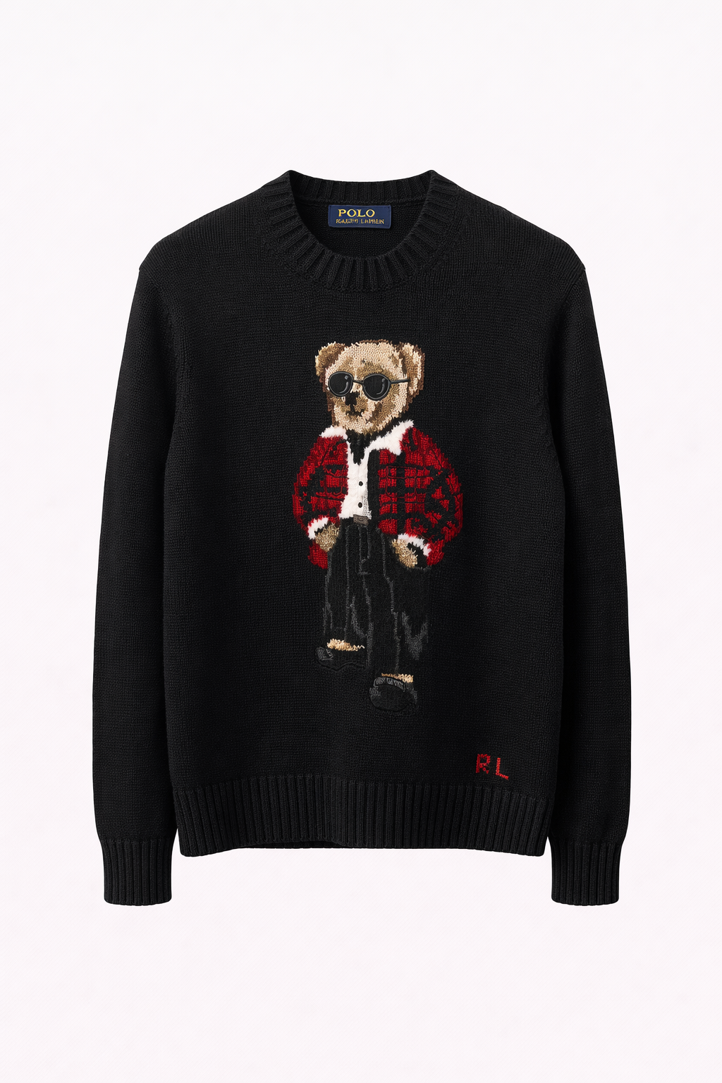 Black men's sweater with bear graphic in red jacket, Icon Kart Shop fashion clothing