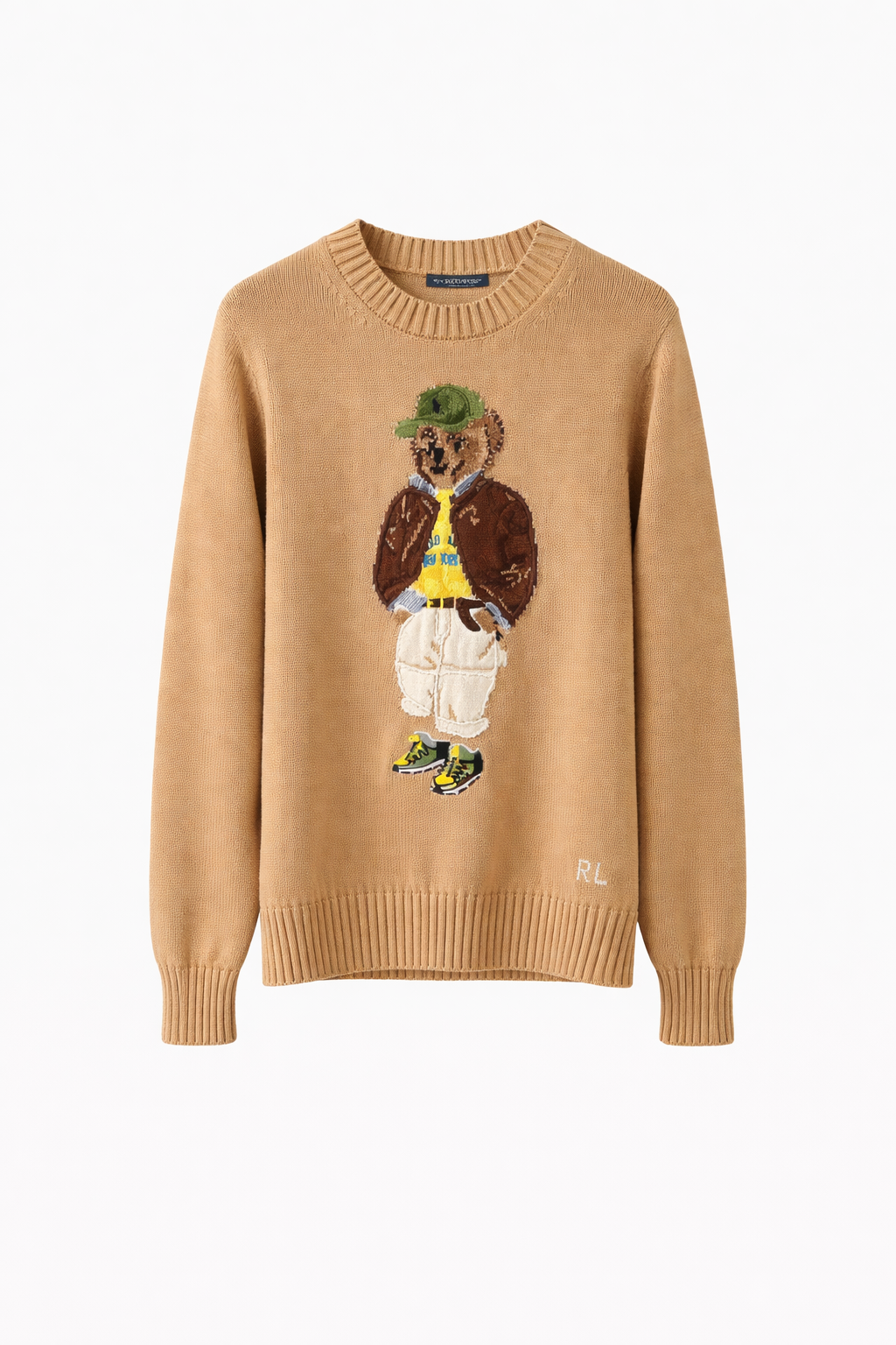 Tan men's sweater with embroidered bear design, casual fashion from Icon Kart Shop