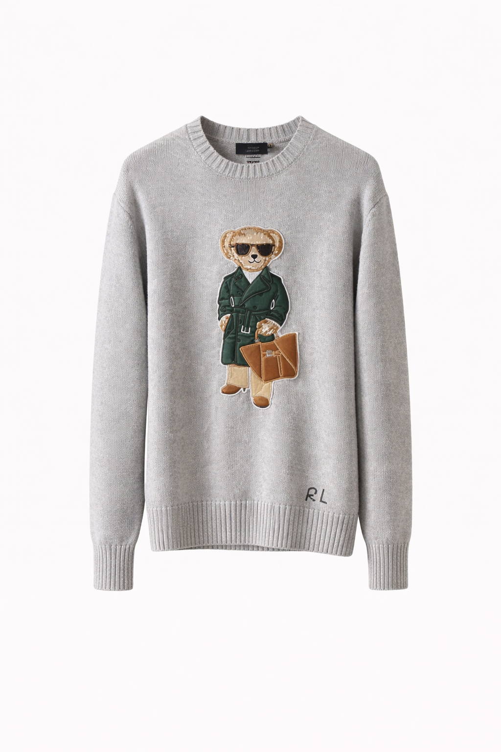 Grey sweater featuring a stylish bear in sunglasses and green coat, Icon Kart Shop men's fashion