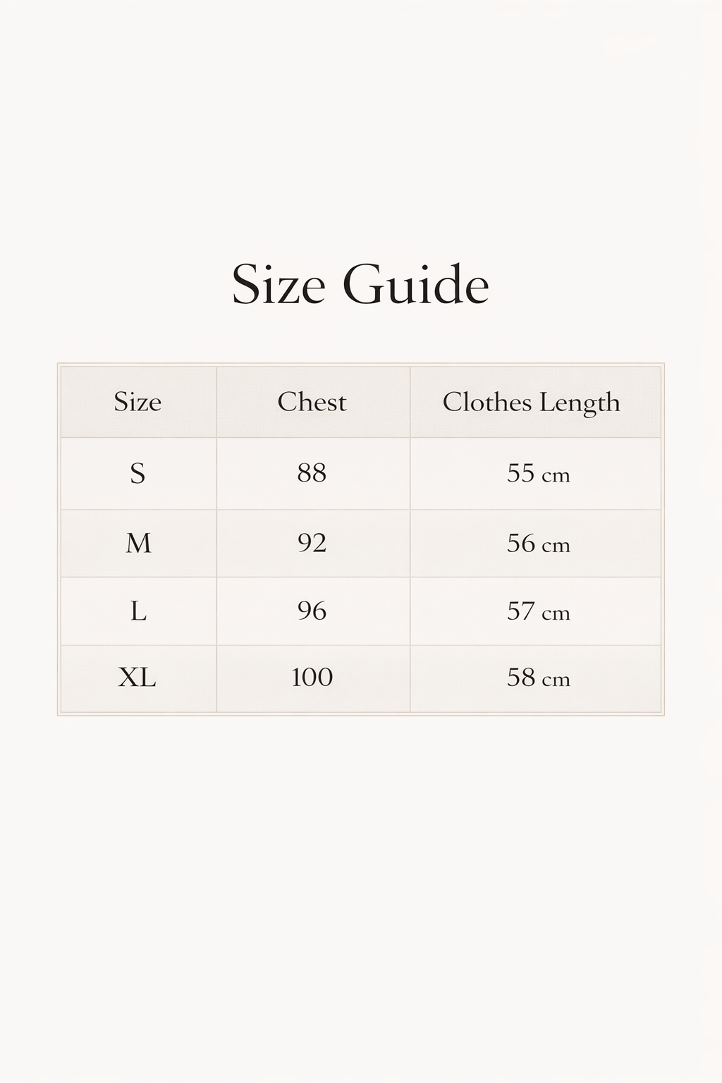Size guide chart for clothing with chest measurements and lengths.  iconkart shop