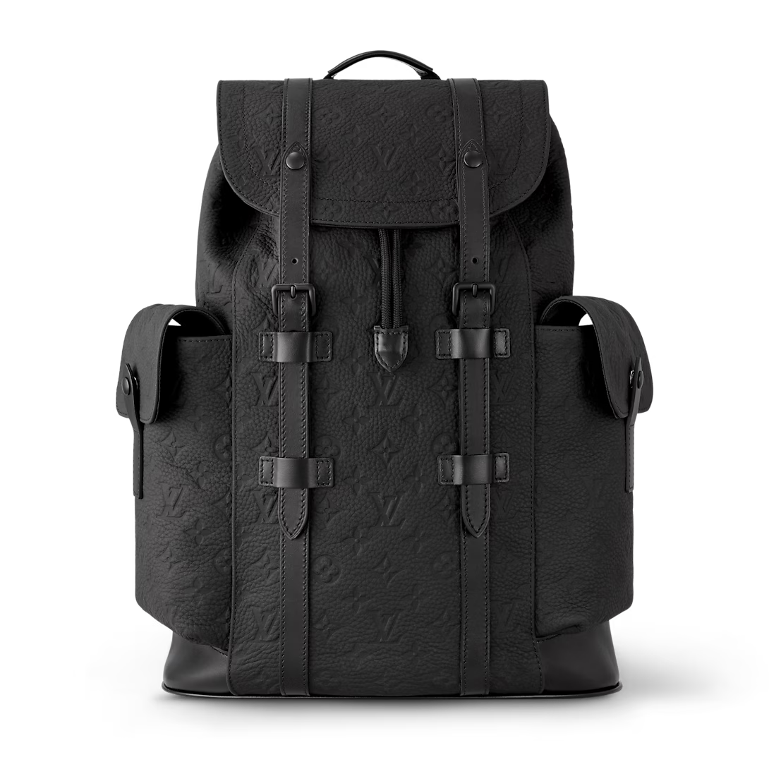 Black backpack with textured pattern on a white background
