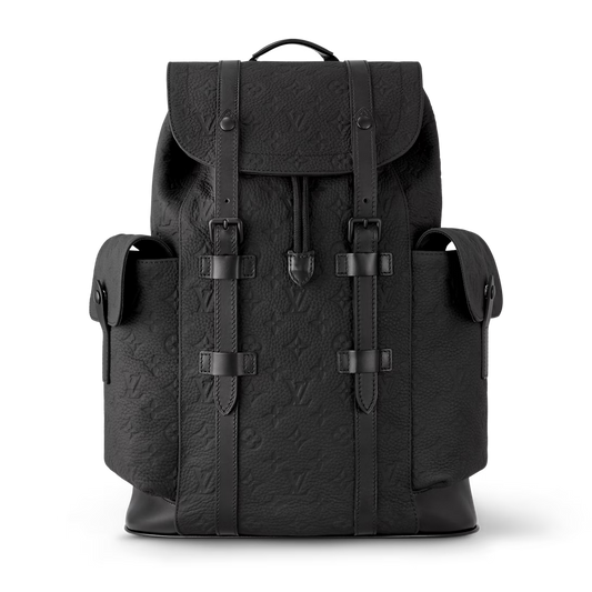 Black backpack with textured pattern on a white background