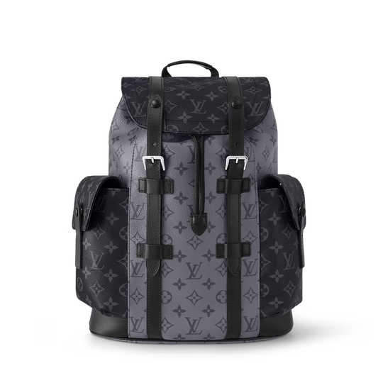 Gray backpack with black straps on a white background