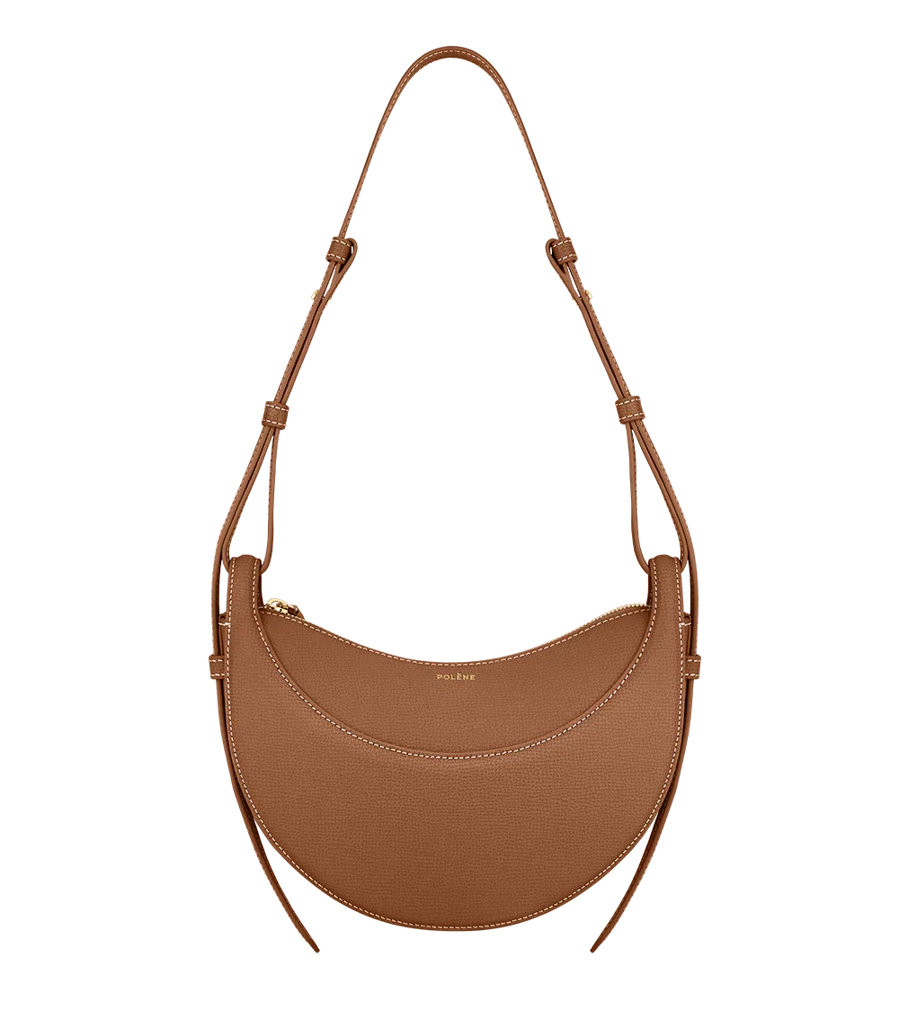 Brown leather crescent shoulder bag with gold detail, women's handbag at Icon Kart Shop