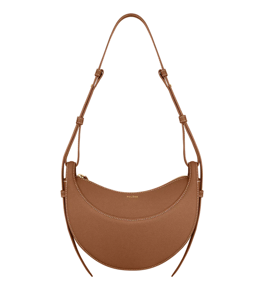 Brown leather crescent shoulder bag with gold detail, women's handbag at Icon Kart Shop