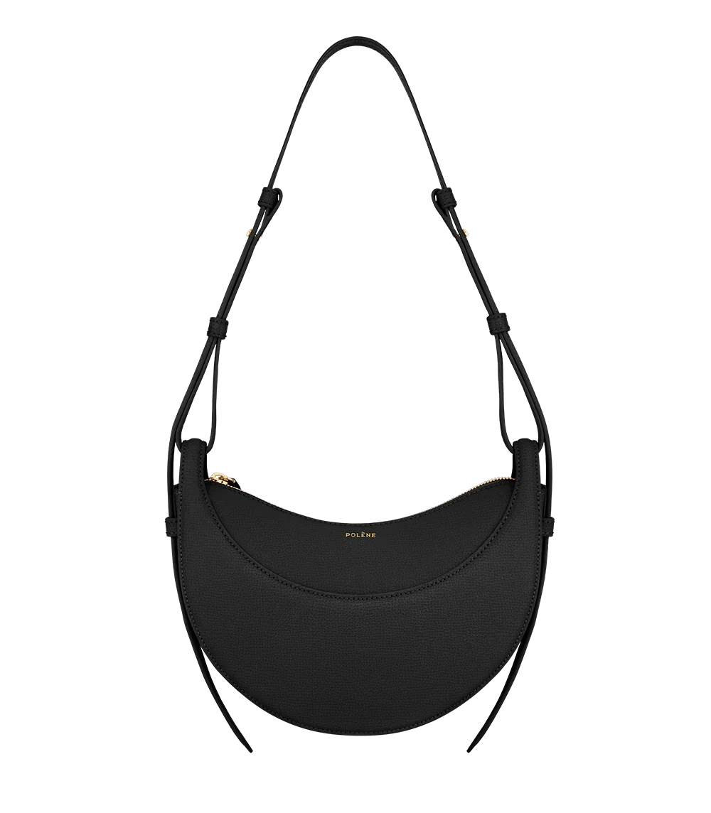 Black crescent-shaped leather shoulder bag with gold zipper, Polene logo, Iconkart shop