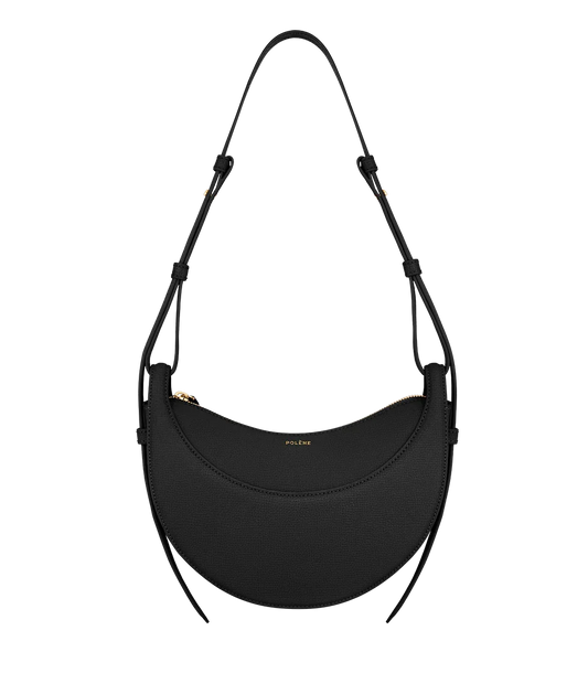 Black crescent-shaped leather shoulder bag with gold zipper, Polene logo, Iconkart shop