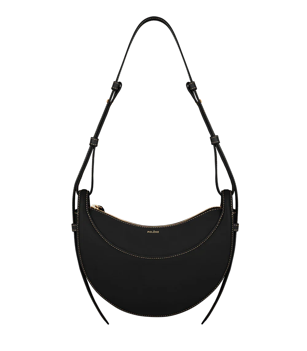 Black leather Polène shoulder bag with gold zipper, elegant women's handbag at Icon Kart Shop