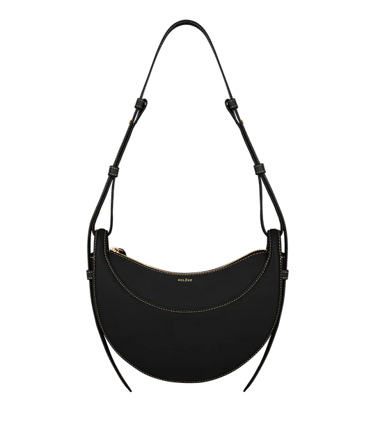 Black leather Polène shoulder bag with gold zipper, elegant women's handbag at Icon Kart Shop
