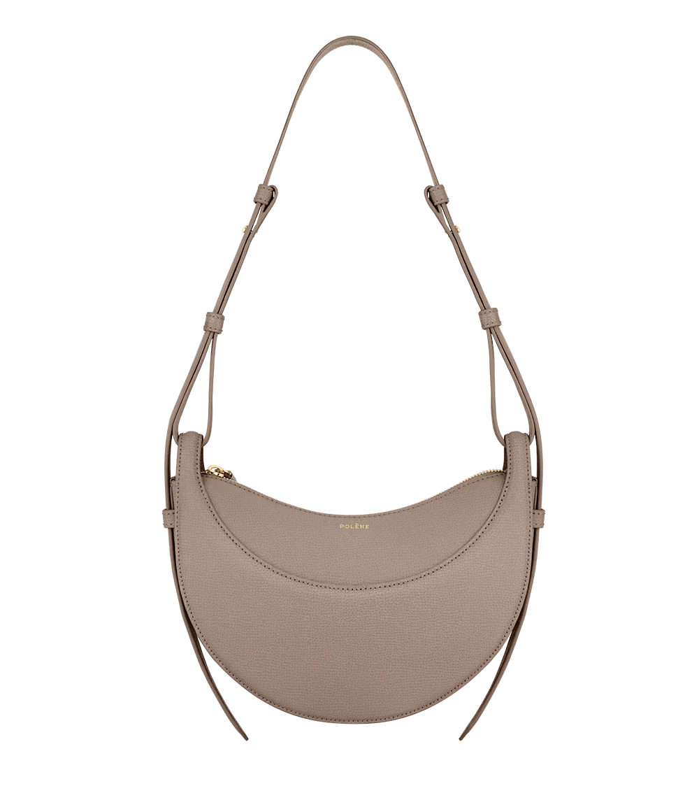 Grey crescent leather shoulder bag for women, minimalist design, Icon Kart Shop
