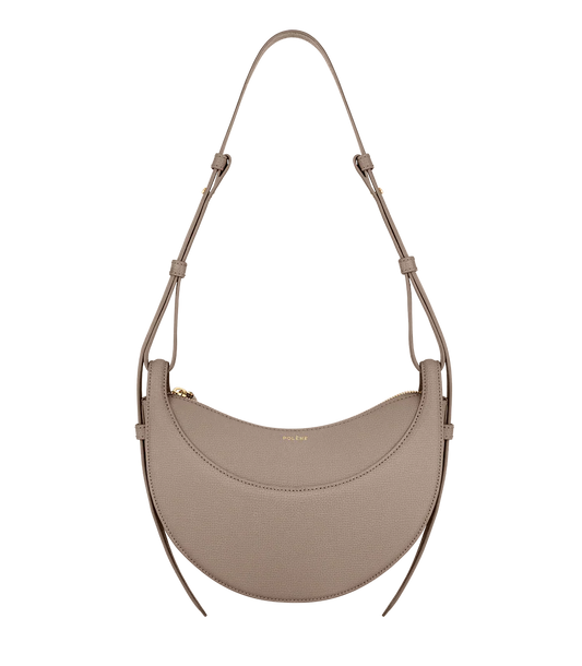 Grey crescent leather shoulder bag for women, minimalist design, Icon Kart Shop