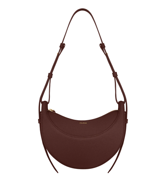 Red crescent-shaped leather crossbody handbag with gold zipper, Iconkart shop