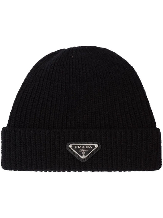 Black beanie with Prada logo on a white background
