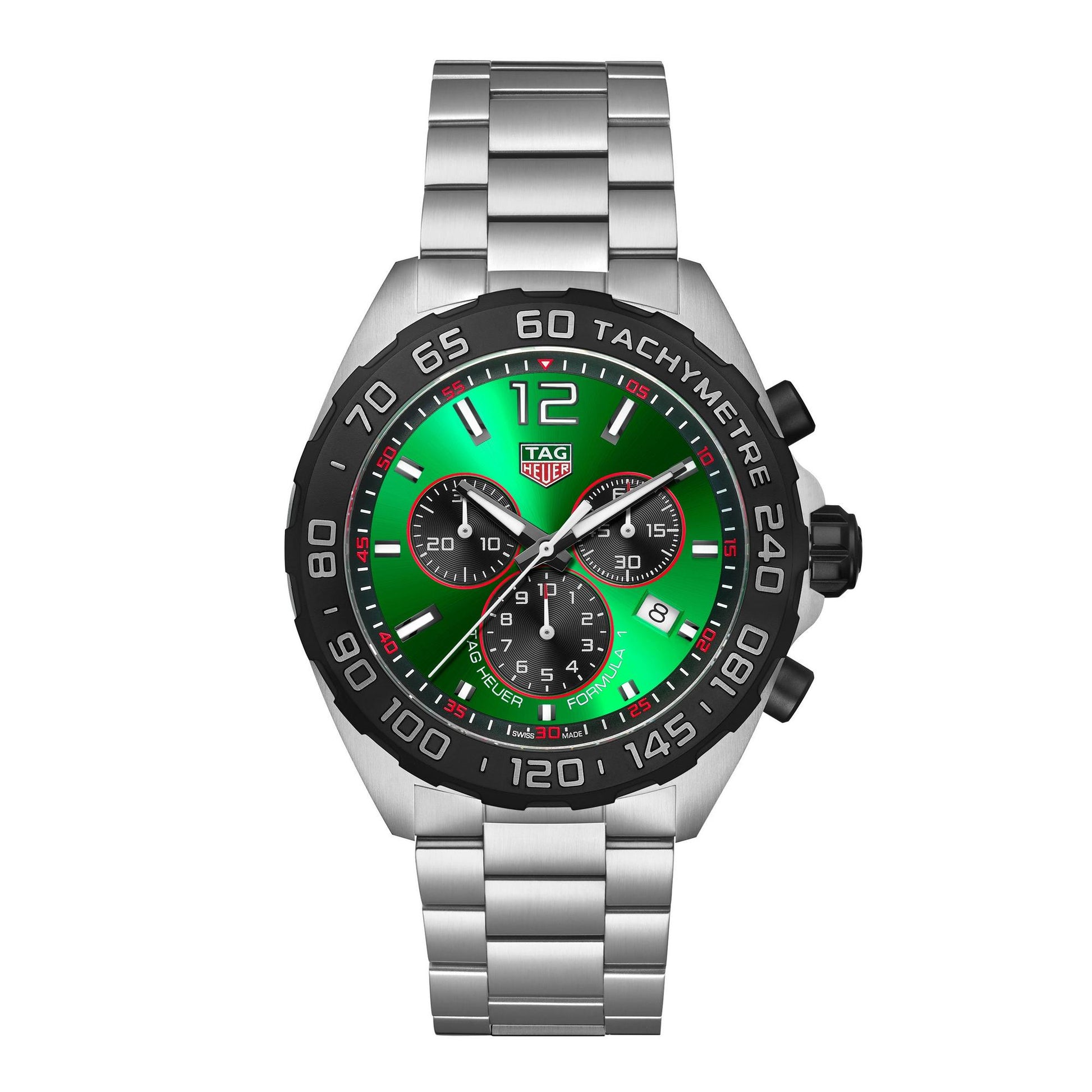 Tag Heuer watch with green face and silver bracelet, Iconkart shop