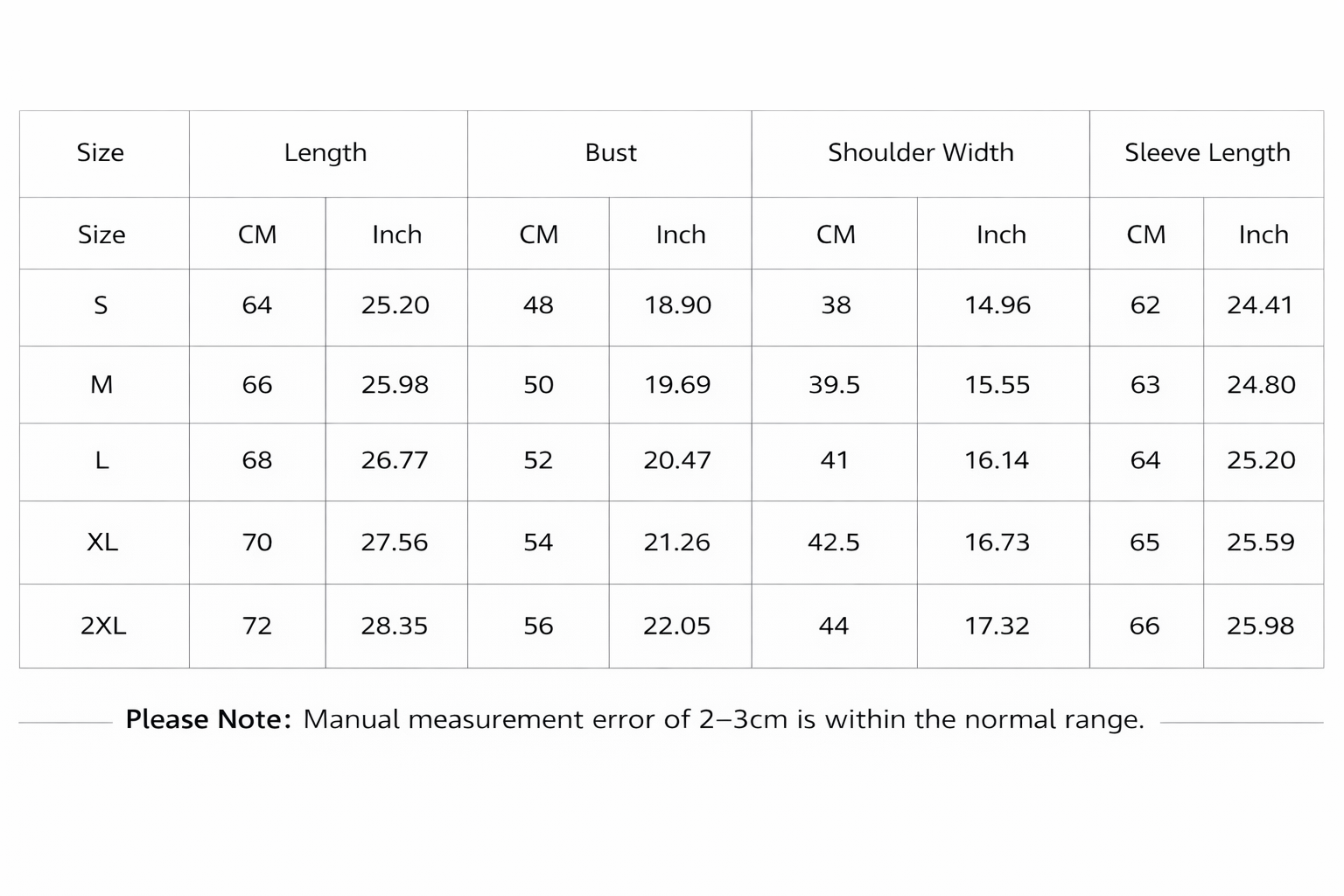 Measurement chart for sweater, Iconkart shop